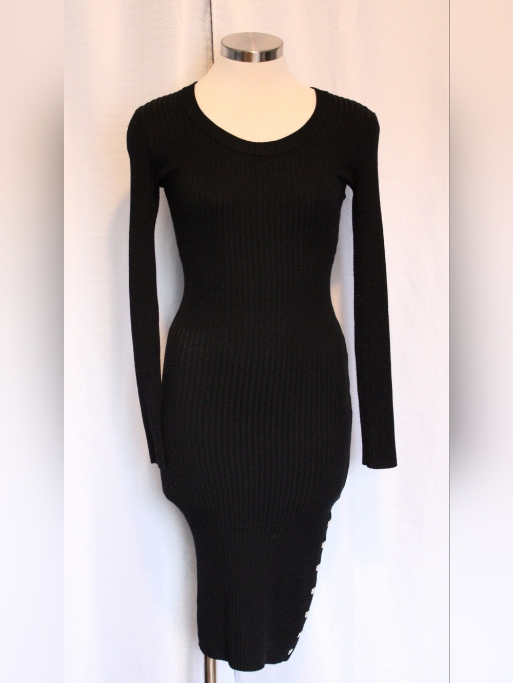 Full Circle Black Ribbed Midi Dress Snap Button Slit Size M